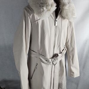 Guess Winter White Trench Coat Detachable Faux Fur Collar Scandi Girl